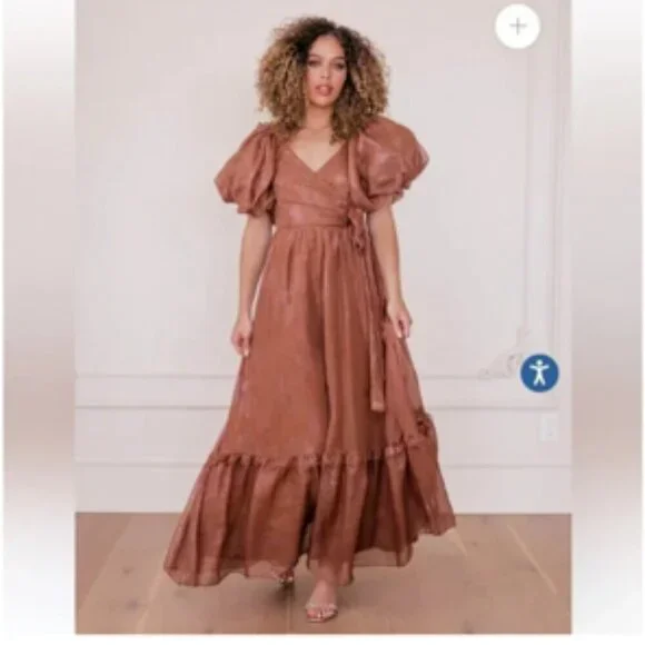 JessaKae Pixie Dress Puff Sleeve Ruffled Gown Bronze NWT Medium NEW - Picture 9 of 9